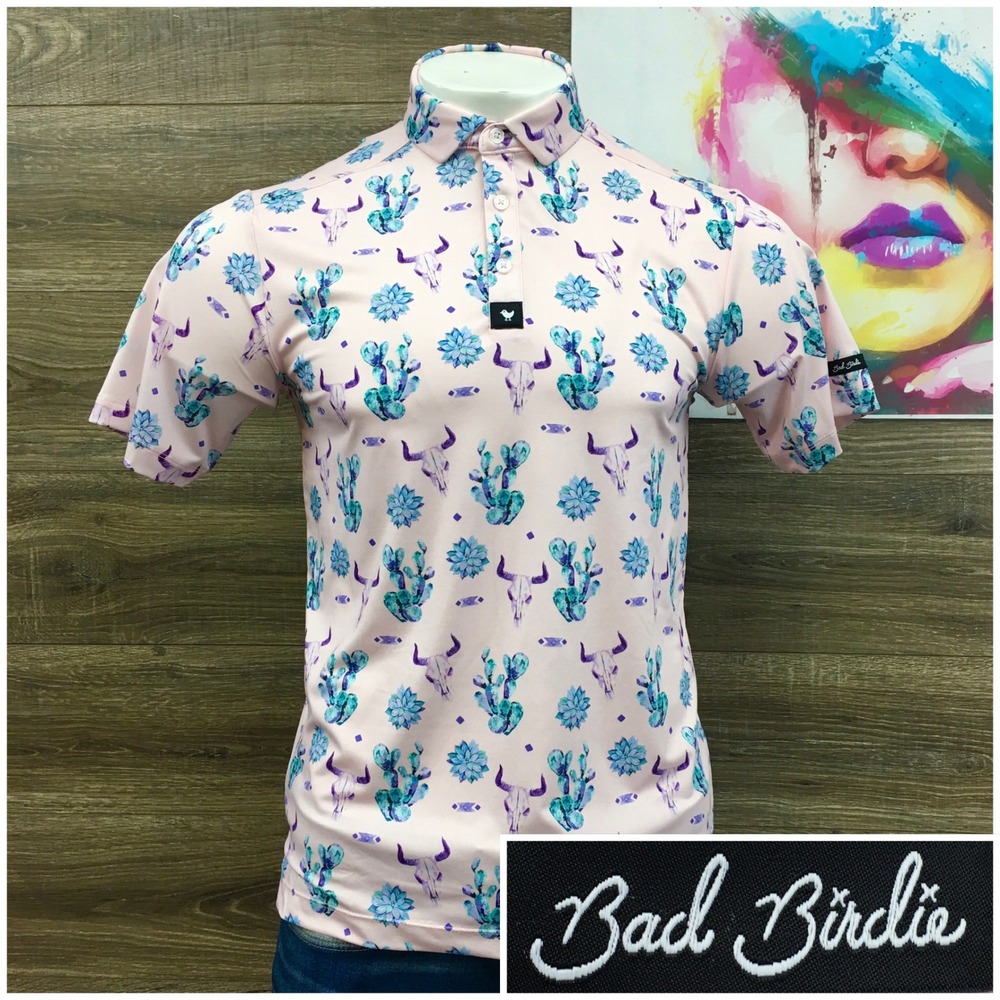 Bad Birdie Mens Golf Polo Shirt Pink Desert Skull Cactus Print Short Sleeve S